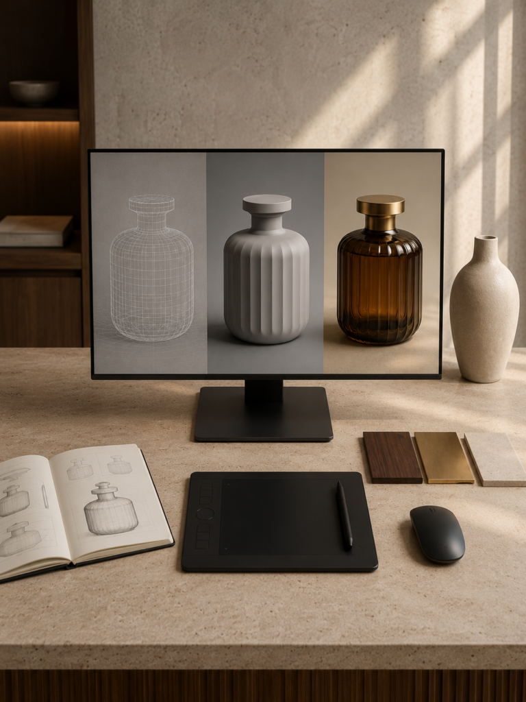 3D product visualization process showing wireframe, clay model and photorealistic product render for commercial design.