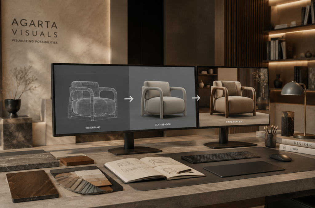 3D product rendering workflow showing wireframe, clay render and photorealistic final render for e-commerce visualization.
