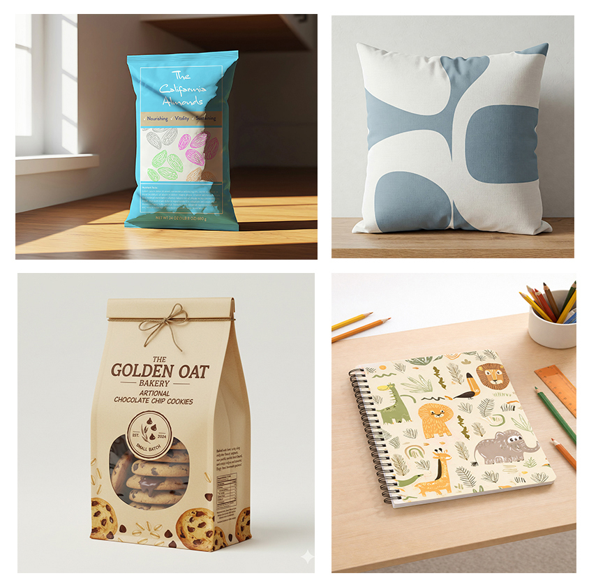 Collection of e-commerce product mockups featuring packaging, textiles and branded merchandise created with 3D visualization.