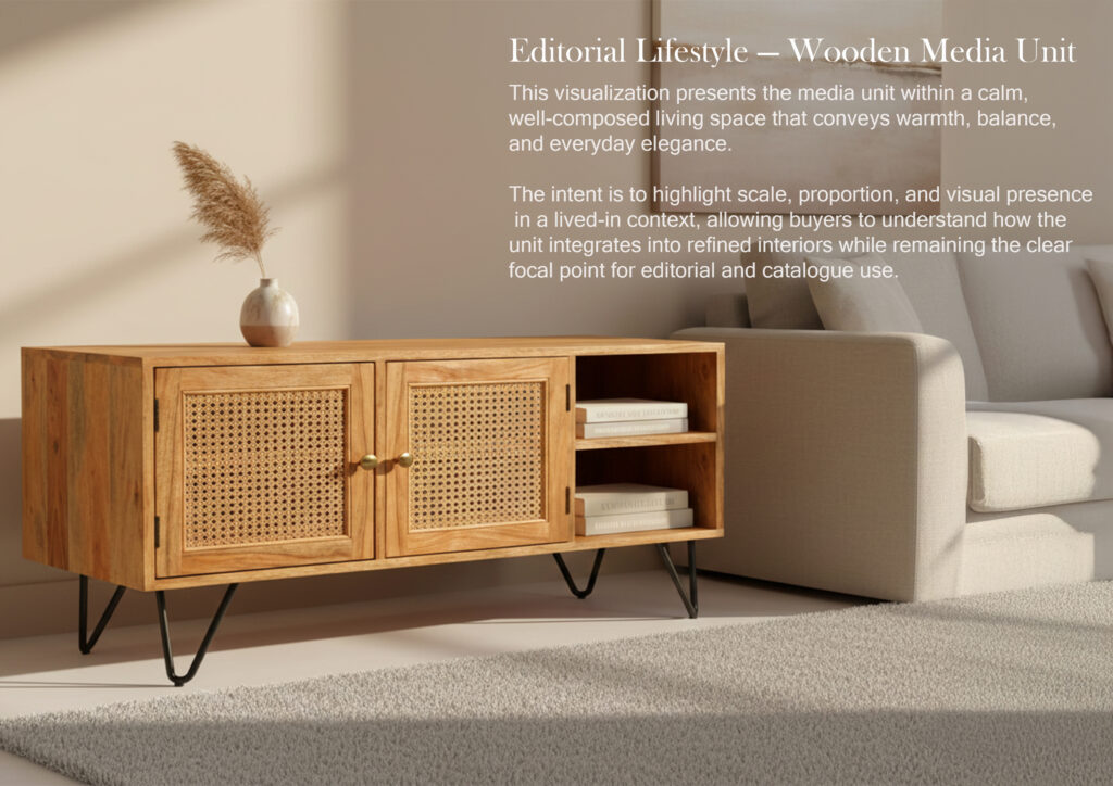 Photorealistic 3D rendering of a modern wooden sideboard for e-commerce furniture visualization.